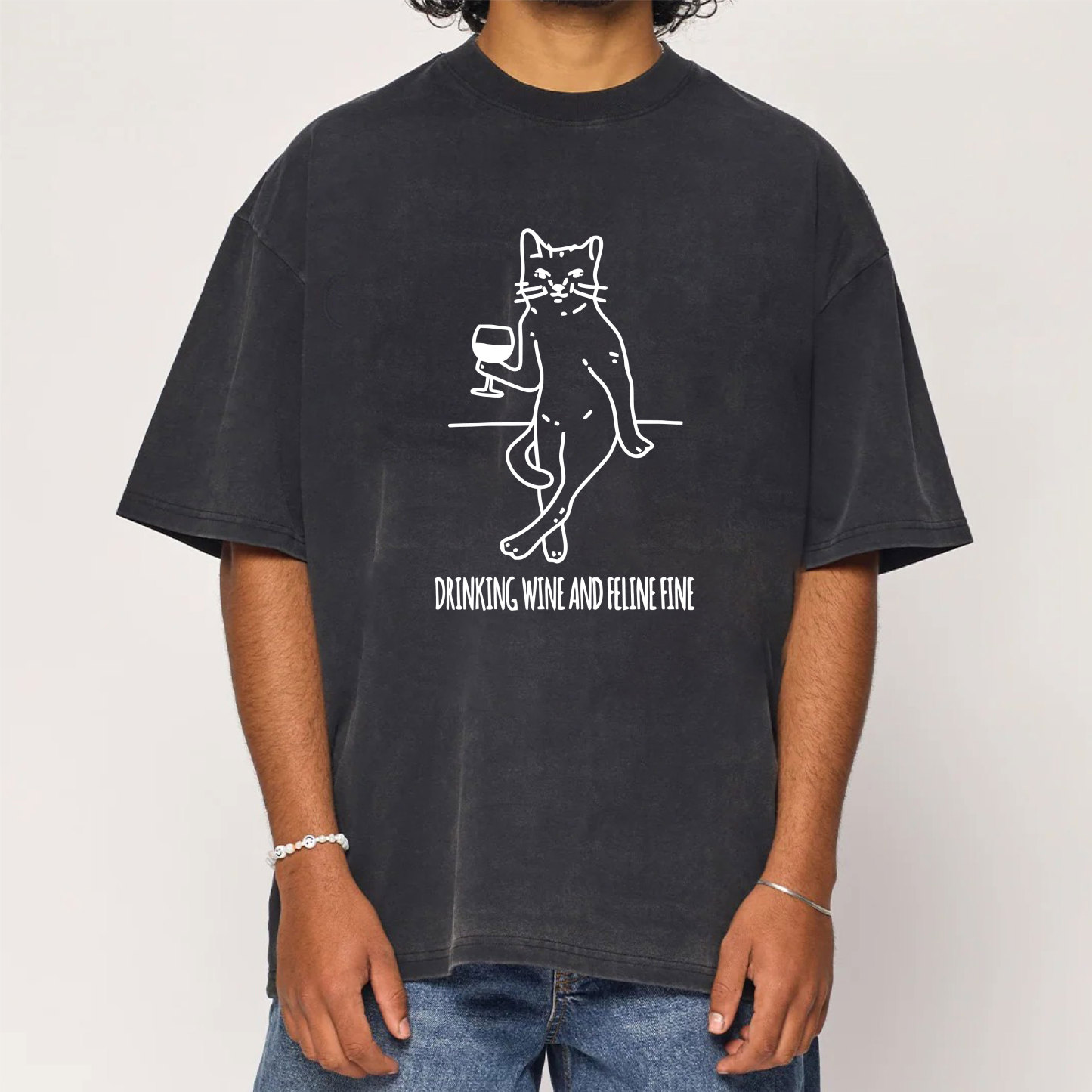 Drinking Wine And Feline Fine Washed T-Shirt
