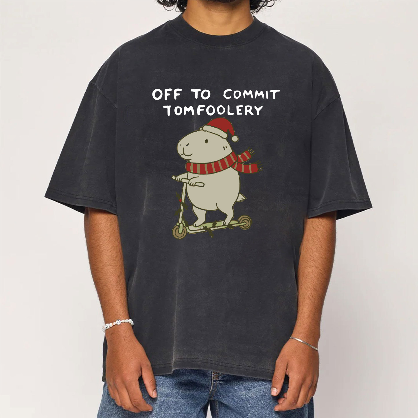 Capybara Off To Commit Tomfoolery Christmas Washed T-Shirt