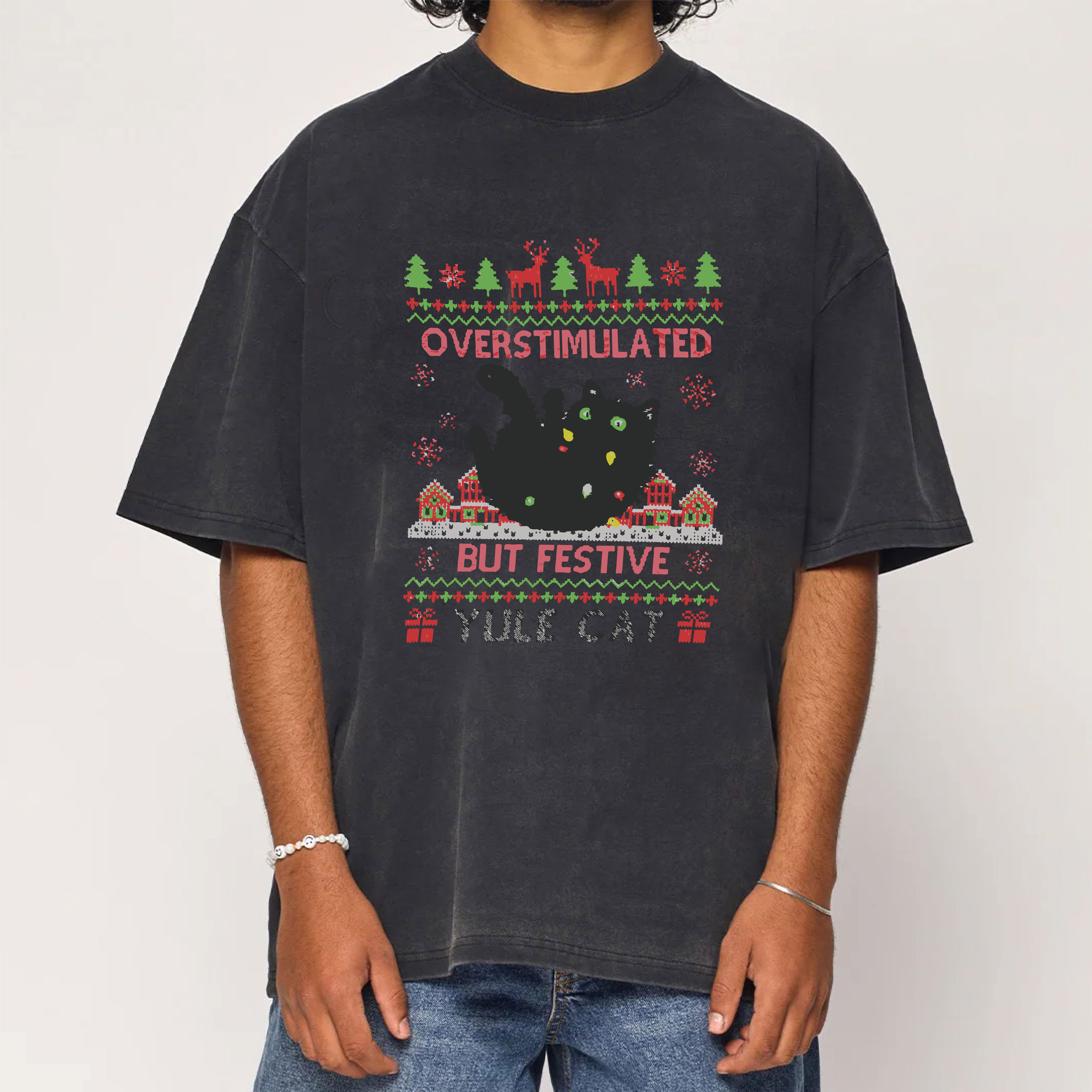 Overstimulated But Festive Yule Cat Christmas Washed T-Shirt