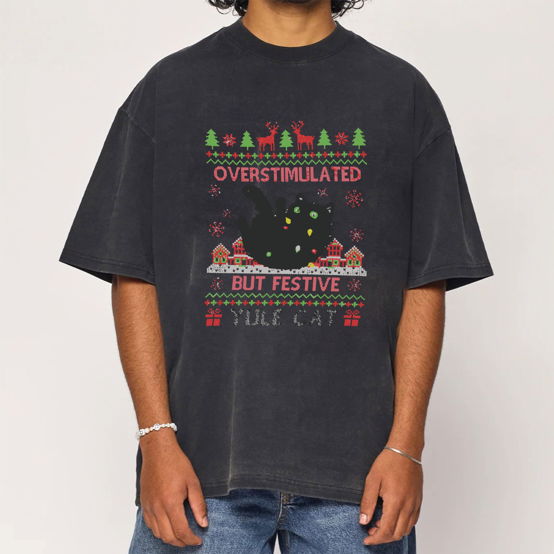 Overstimulated But Festive Yule Cat Christmas Washed T-Shirt