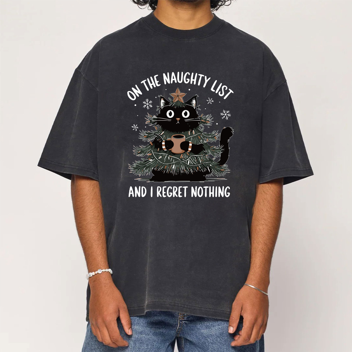 On The Naughty List And I Regret Nothing Christmas Tree Cat Washed T-Shirt