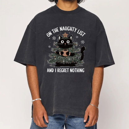On The Naughty List And I Regret Nothing Christmas Tree Cat Washed T-Shirt