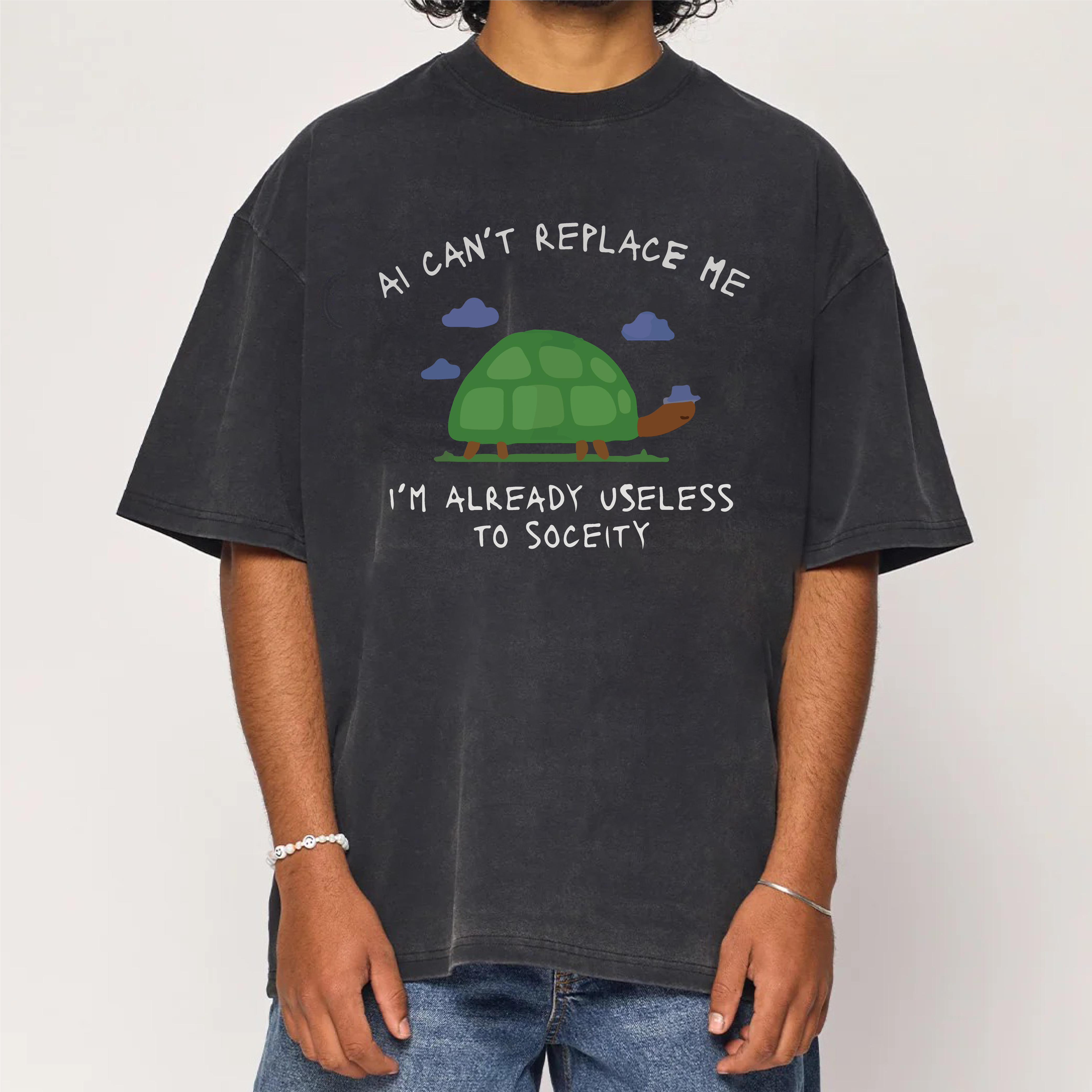 AI Can't Replace Me I'm Already Useless to Society Turtle Washed T-Shirt