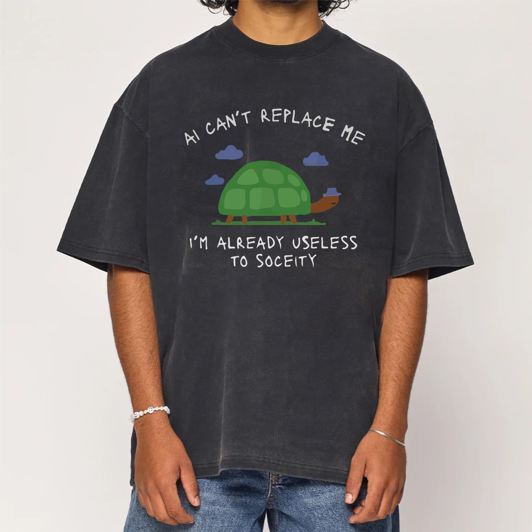 AI Can't Replace Me I'm Already Useless to Society Turtle Washed T-Shirt