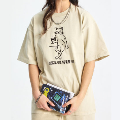 Drinking Wine And Feline Fine Washed T-Shirt