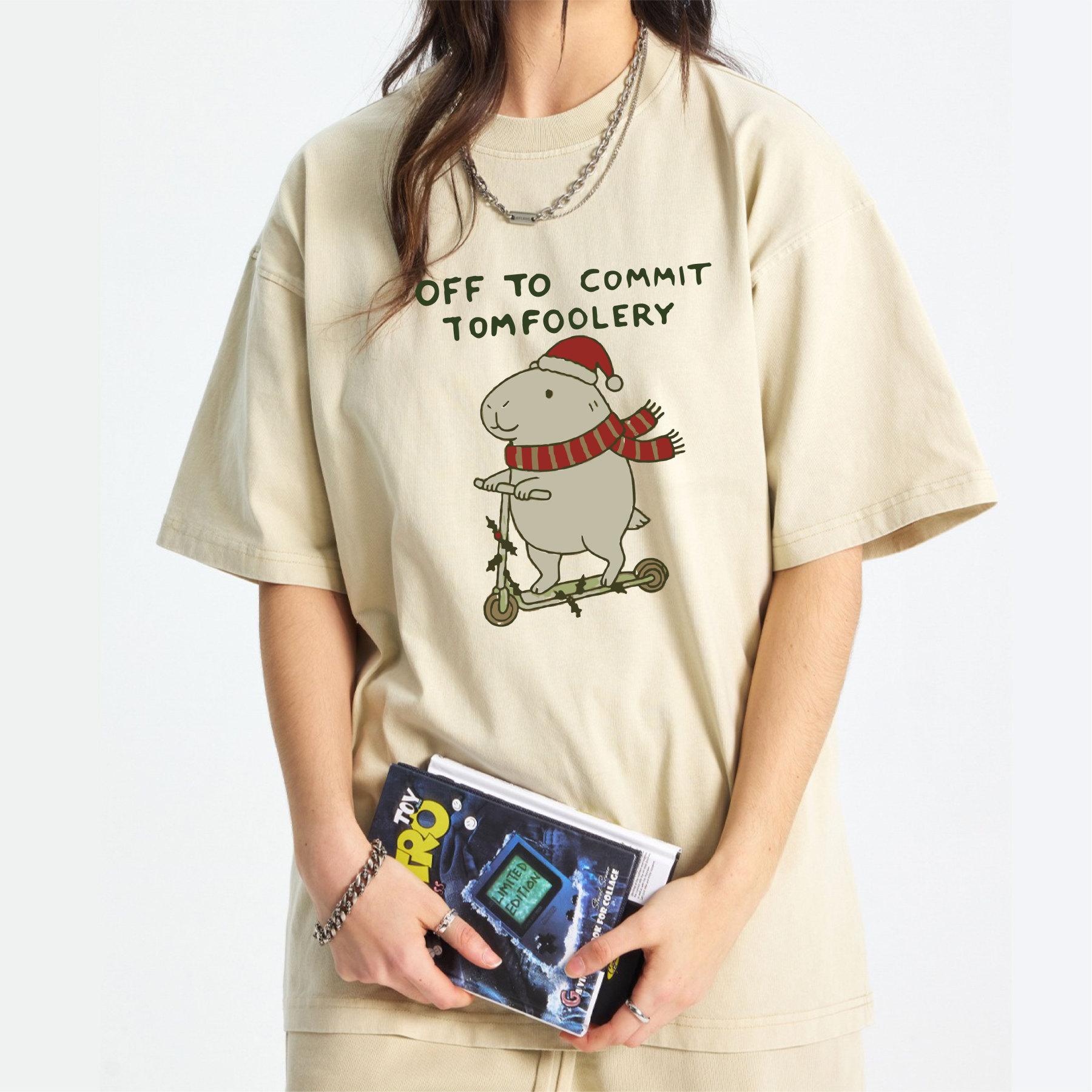 Capybara Off To Commit Tomfoolery Christmas Washed T-Shirt