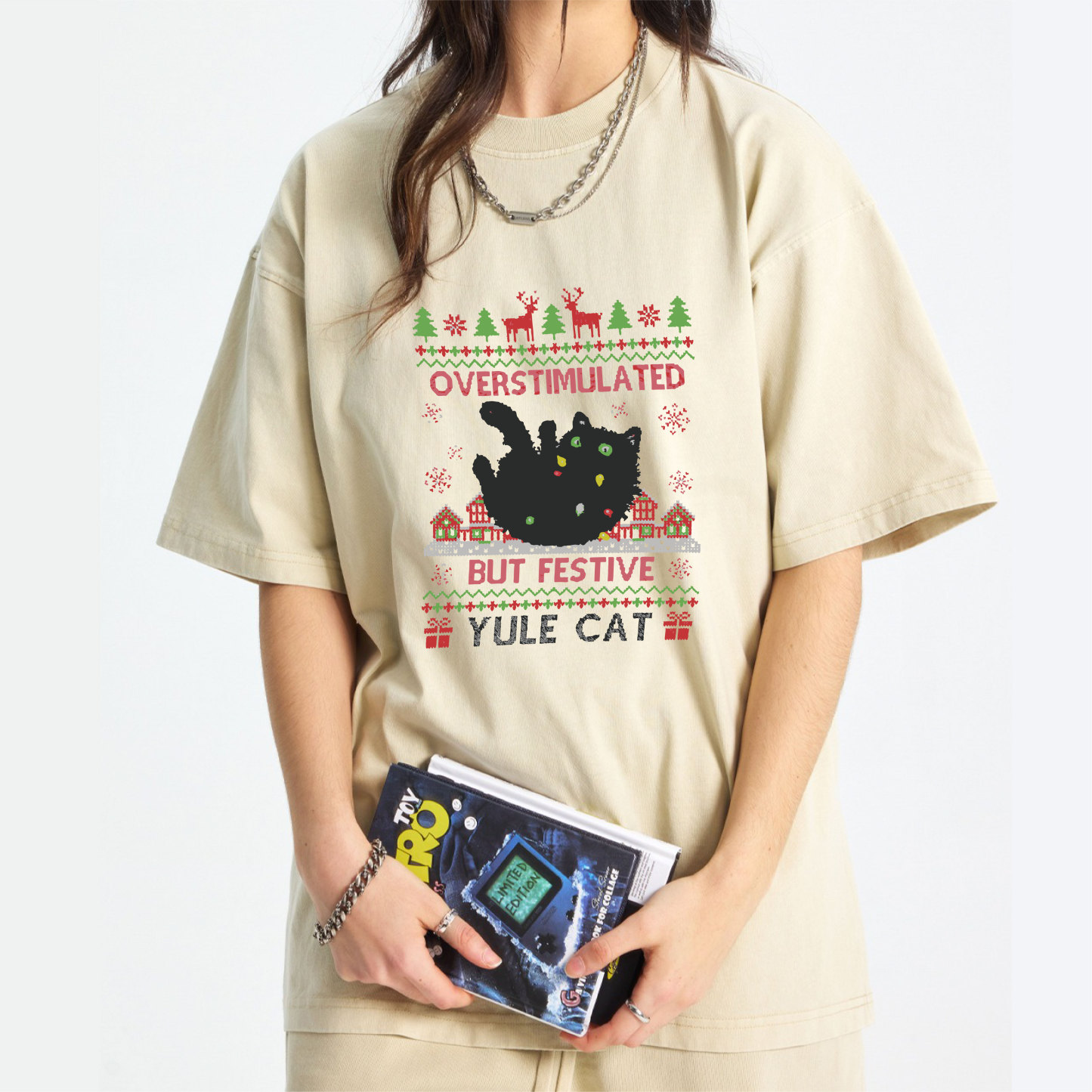 Overstimulated But Festive Yule Cat Christmas Washed T-Shirt