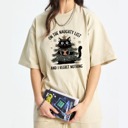 On The Naughty List And I Regret Nothing Christmas Tree Cat Washed T-Shirt