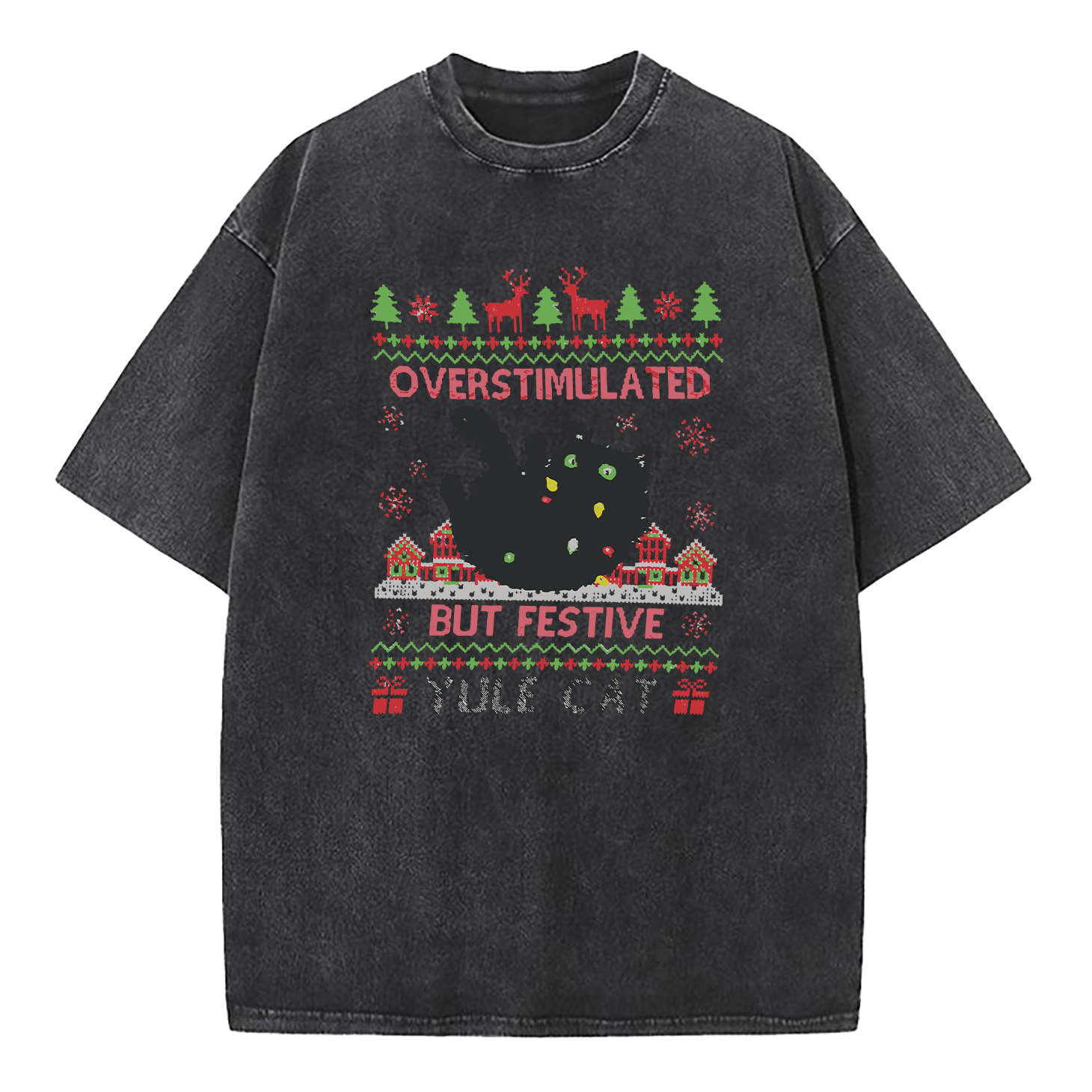 Overstimulated But Festive Yule Cat Christmas Washed T-Shirt