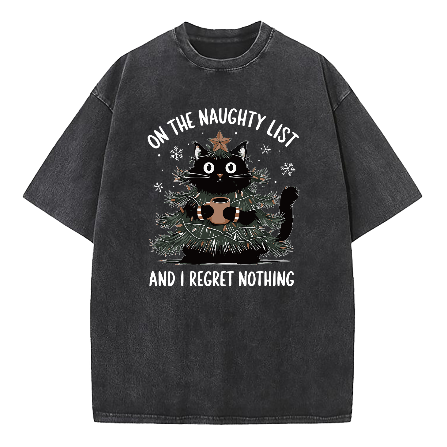 On The Naughty List And I Regret Nothing Christmas Tree Cat Washed T-Shirt