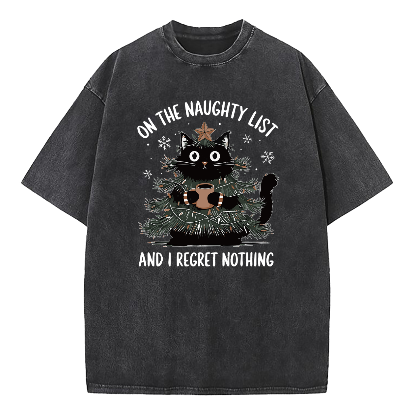 On The Naughty List And I Regret Nothing Christmas Tree Cat Washed T-Shirt