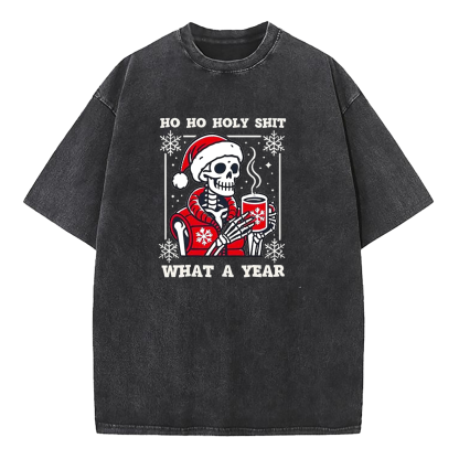 SKleton Ho Ho Holy Shit What a Year Christmas Washed T-Shirt