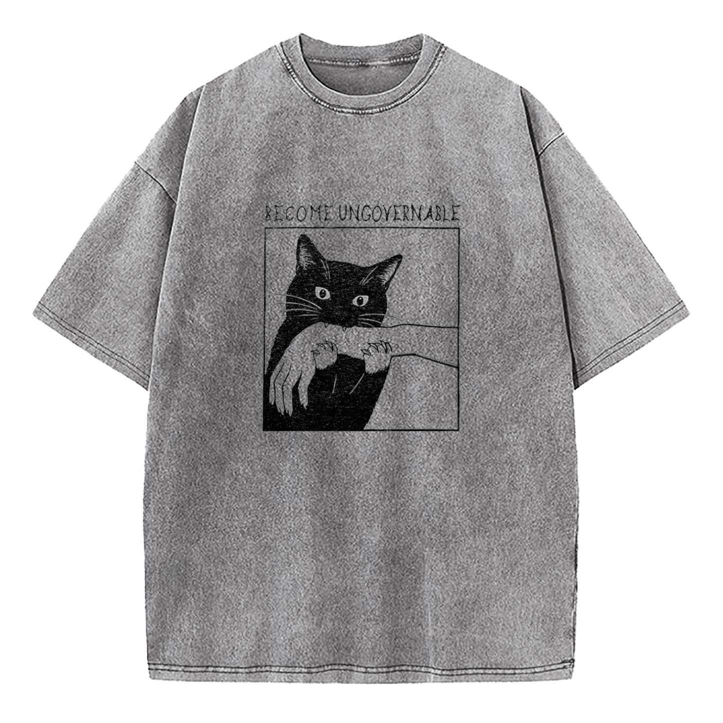 Black Cat Biting Hand Become Ungovernable Washed T-Shirt
