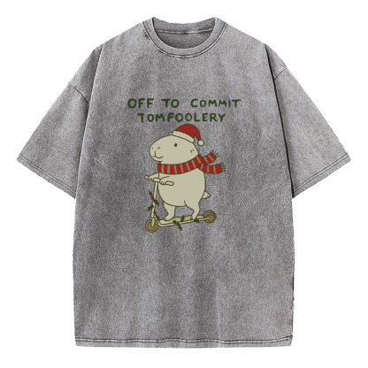 Capybara Off To Commit Tomfoolery Christmas Washed T-Shirt