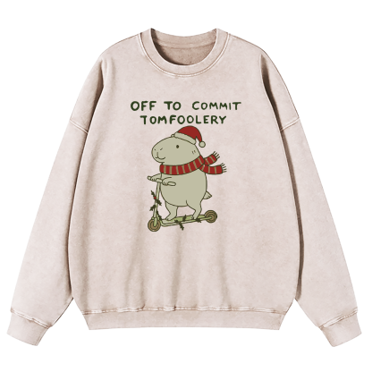 Capybara Off To Commit Tomfoolery Christmas Washed Sweatshirt