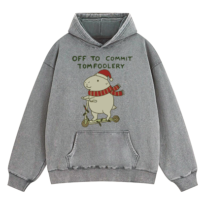 Capybara Off To Commit Tomfoolery Christmas Washed Hoodie