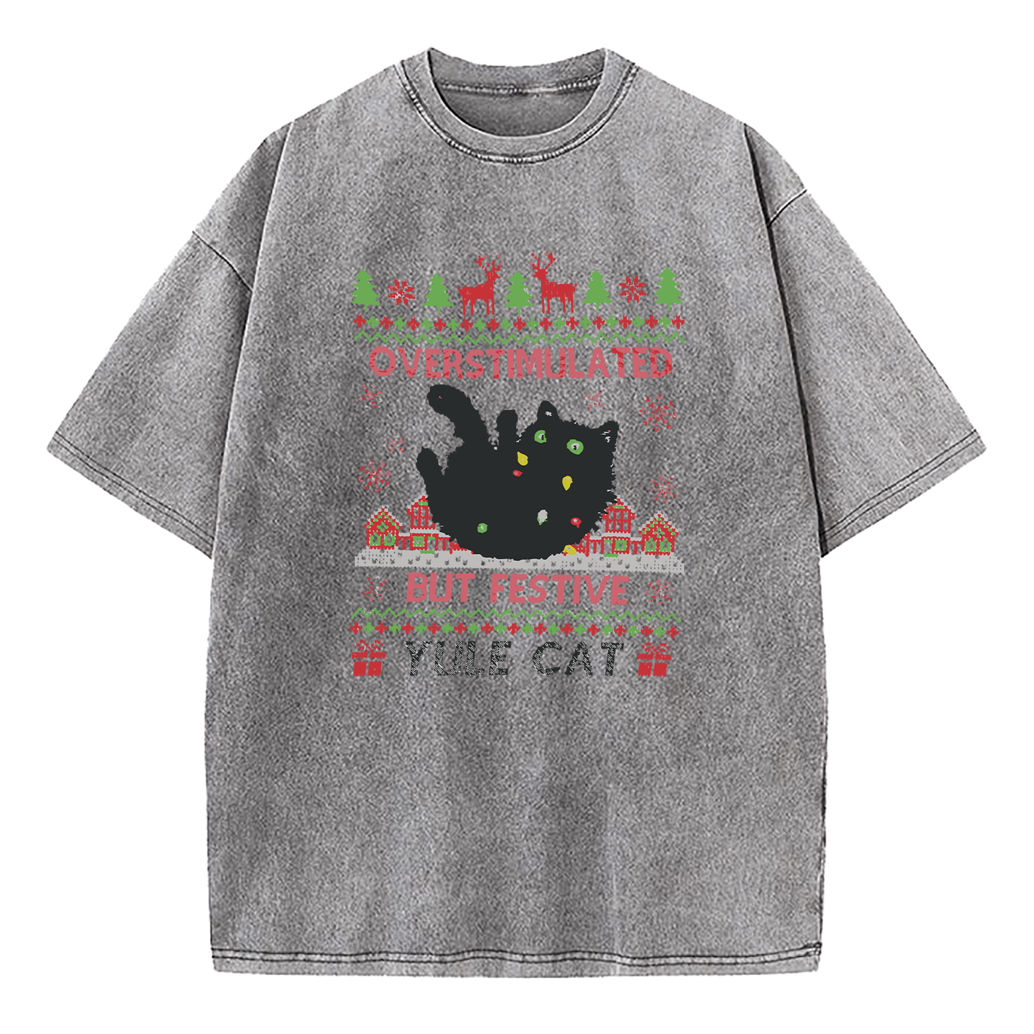 Overstimulated But Festive Yule Cat Christmas Washed T-Shirt