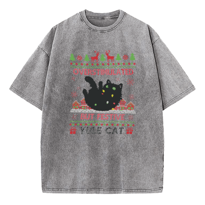 Overstimulated But Festive Yule Cat Christmas Washed T-Shirt