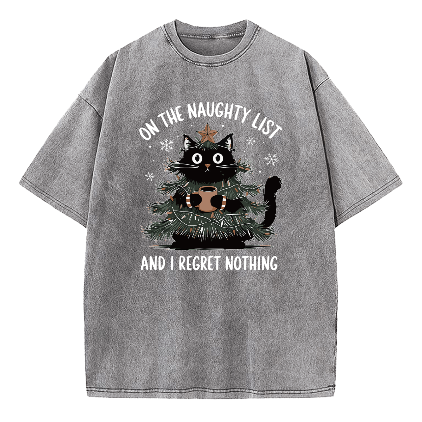 On The Naughty List And I Regret Nothing Christmas Tree Cat Washed T-Shirt