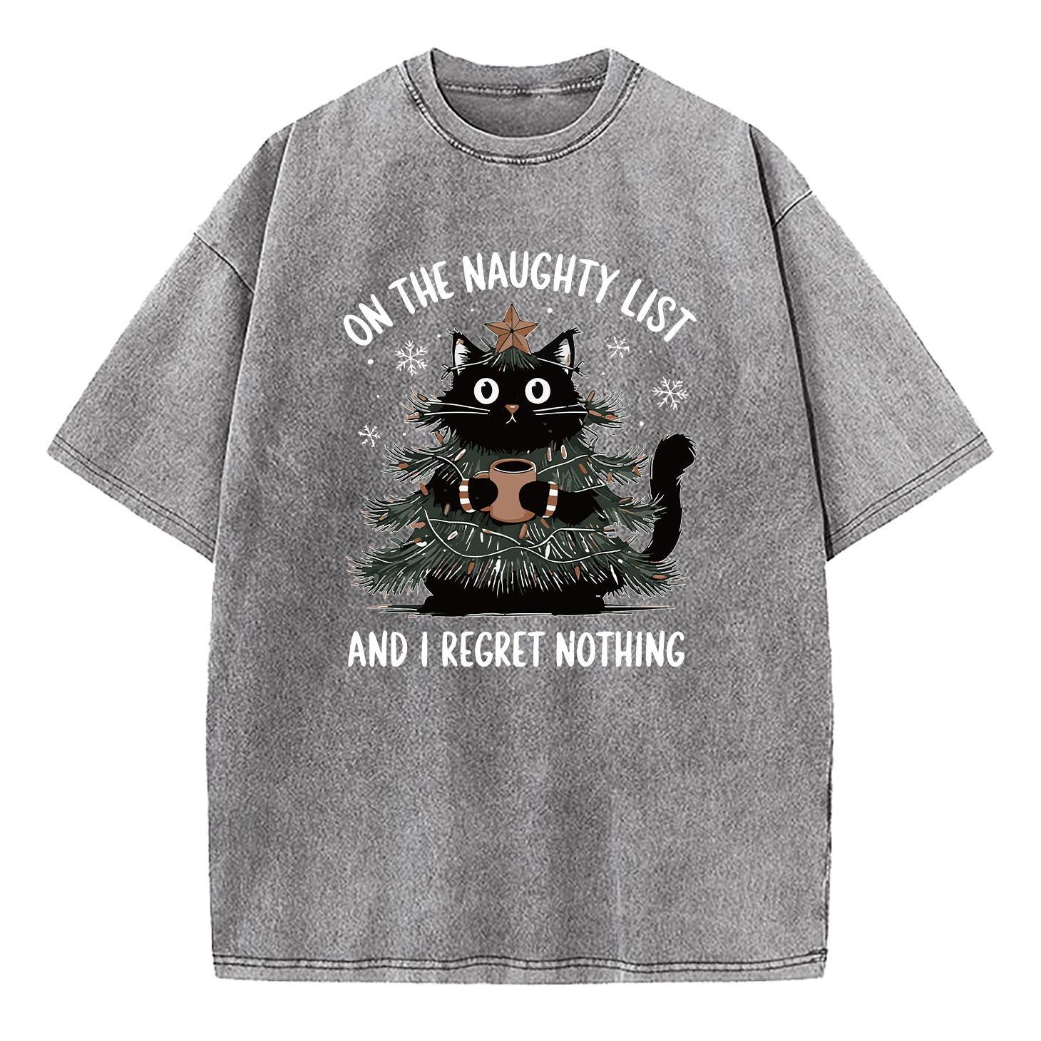 On The Naughty List And I Regret Nothing Christmas Tree Cat Washed T-Shirt