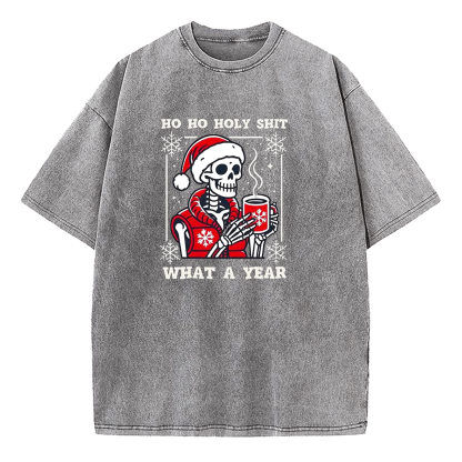 SKleton Ho Ho Holy Shit What a Year Christmas Washed T-Shirt