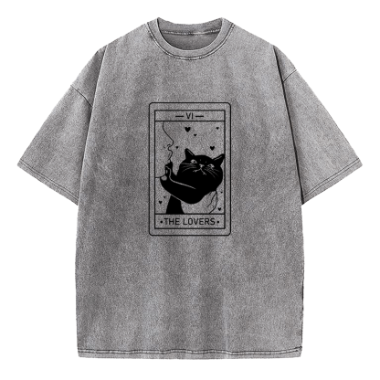 The Lovers Cat Tarot Washed T-Shirt