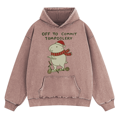 Capybara Off To Commit Tomfoolery Christmas Washed Hoodie