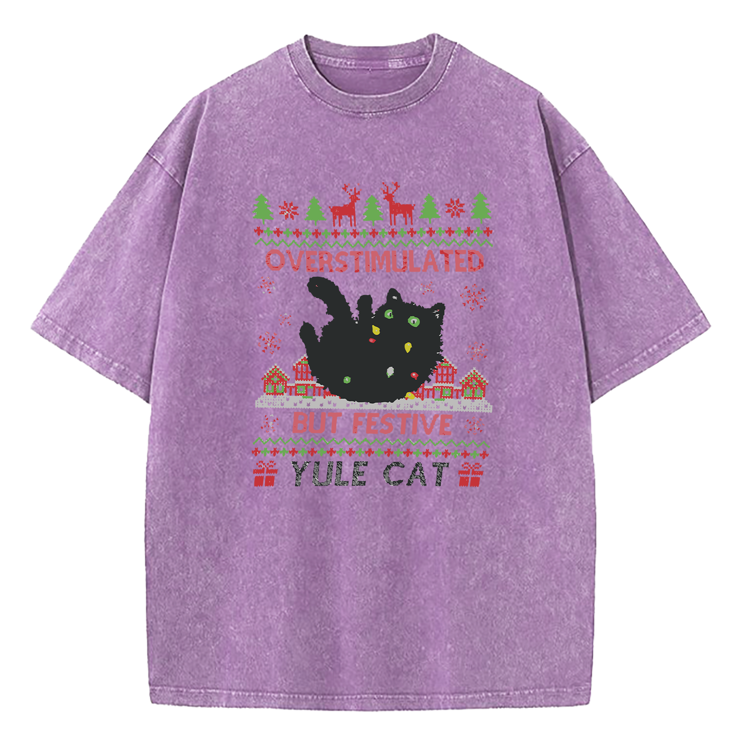 Overstimulated But Festive Yule Cat Christmas Washed T-Shirt
