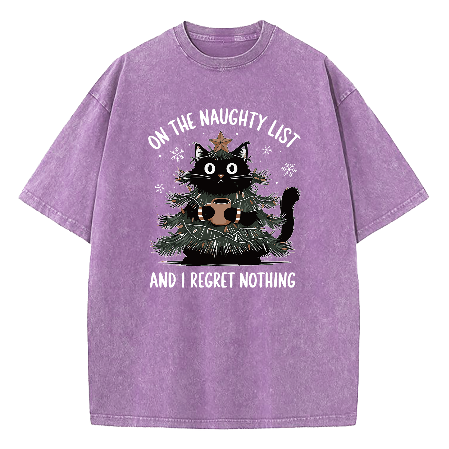 On The Naughty List And I Regret Nothing Christmas Tree Cat Washed T-Shirt