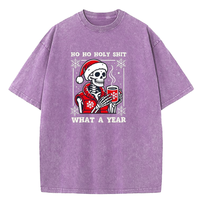 SKleton Ho Ho Holy Shit What a Year Christmas Washed T-Shirt