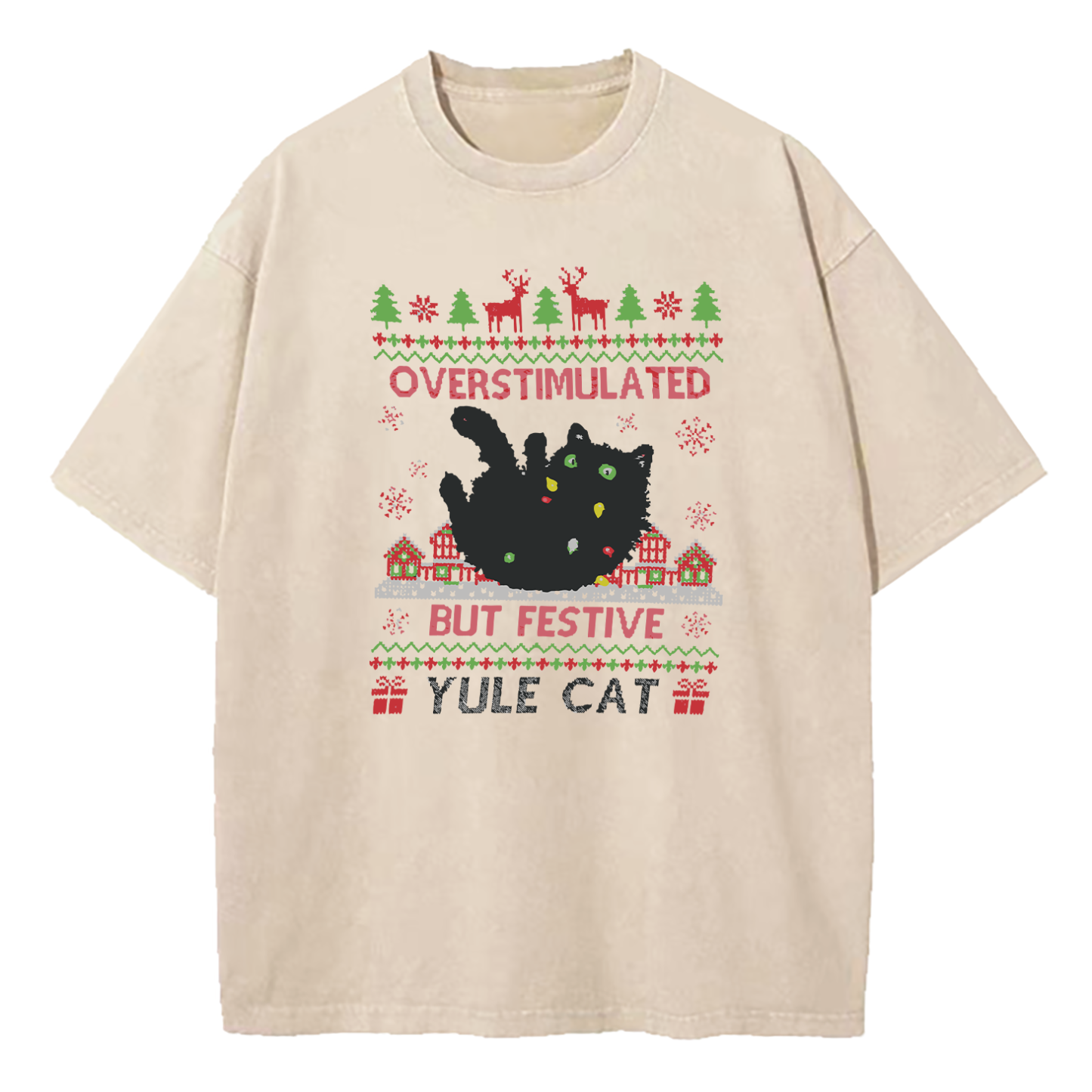 Overstimulated But Festive Yule Cat Christmas Washed T-Shirt