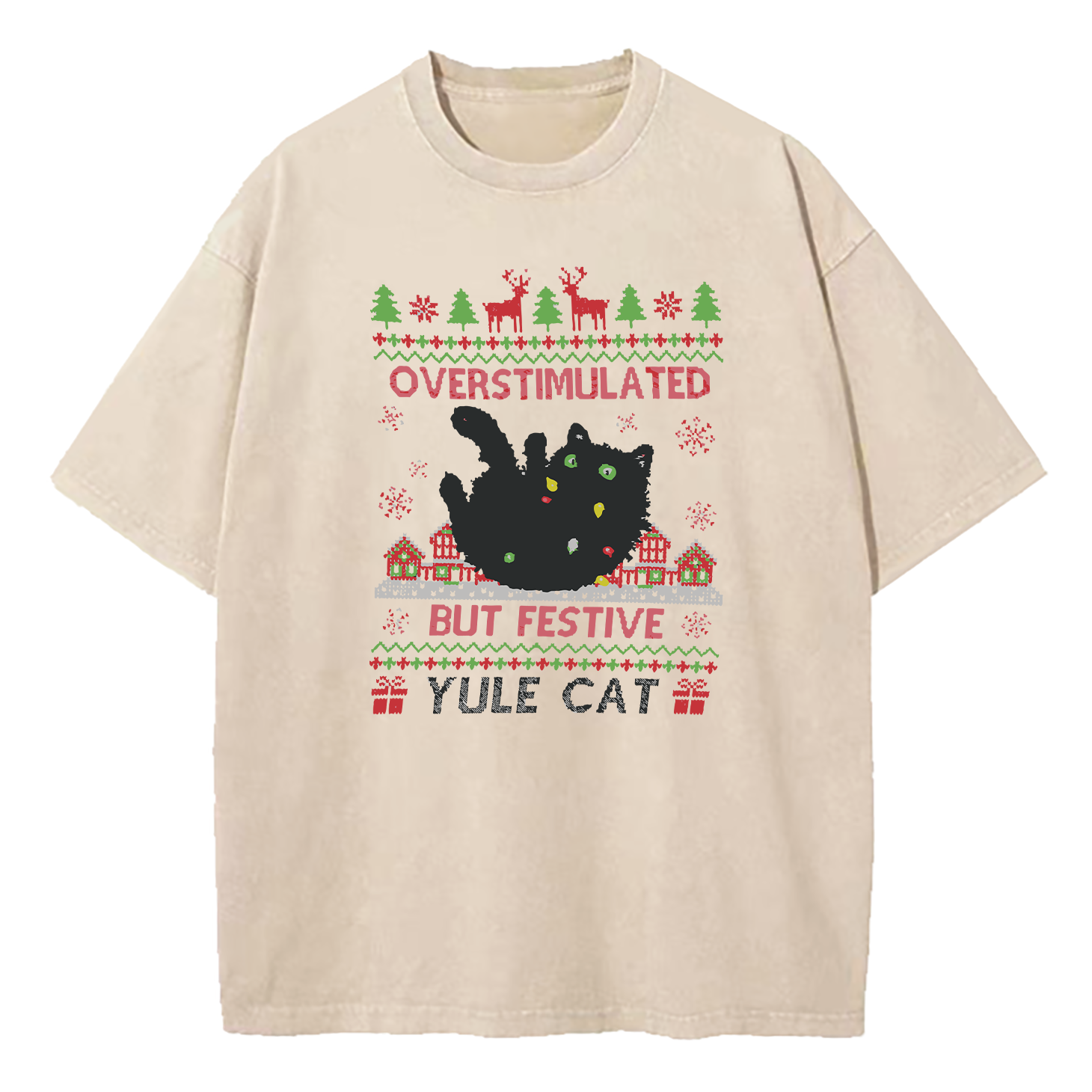 Overstimulated But Festive Yule Cat Christmas Washed T-Shirt