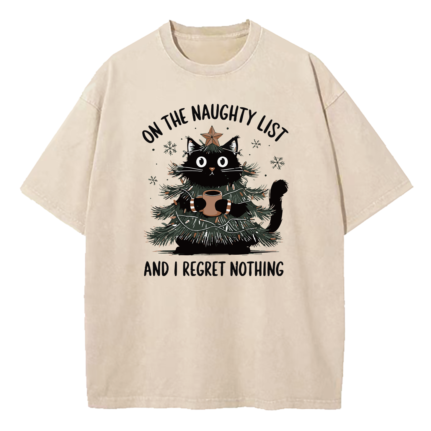 On The Naughty List And I Regret Nothing Christmas Tree Cat Washed T-Shirt