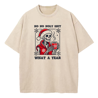 SKleton Ho Ho Holy Shit What a Year Christmas Washed T-Shirt