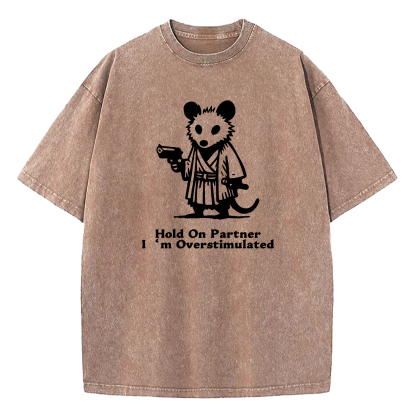 Possum Samurai Hold On Partner I’m Overstimulated Washed T-Shirt