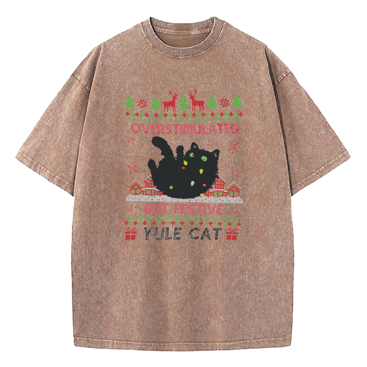 Overstimulated But Festive Yule Cat Christmas Washed T-Shirt