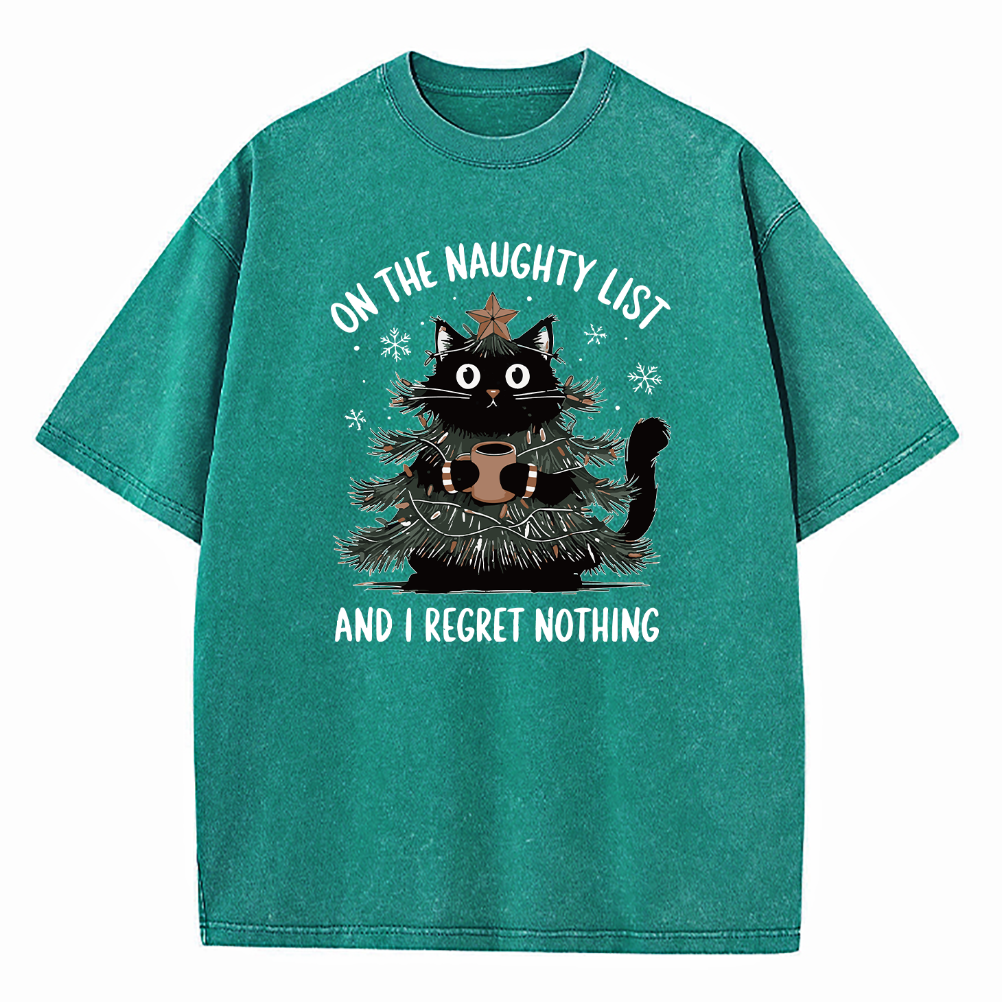 On The Naughty List And I Regret Nothing Christmas Tree Cat Washed T-Shirt
