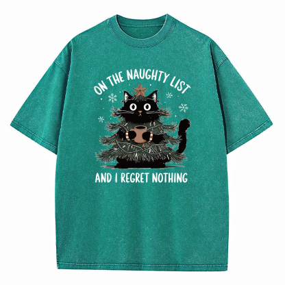On The Naughty List And I Regret Nothing Christmas Tree Cat Washed T-Shirt
