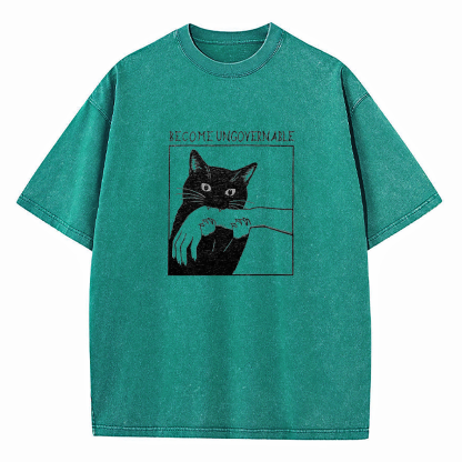 Black Cat Biting Hand Become Ungovernable Washed T-Shirt