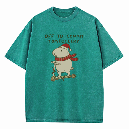 Capybara Off To Commit Tomfoolery Christmas Washed T-Shirt