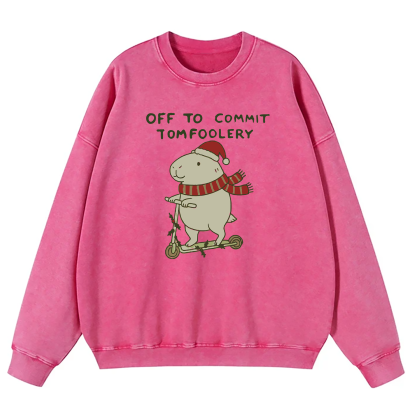 Capybara Off To Commit Tomfoolery Christmas Washed Sweatshirt