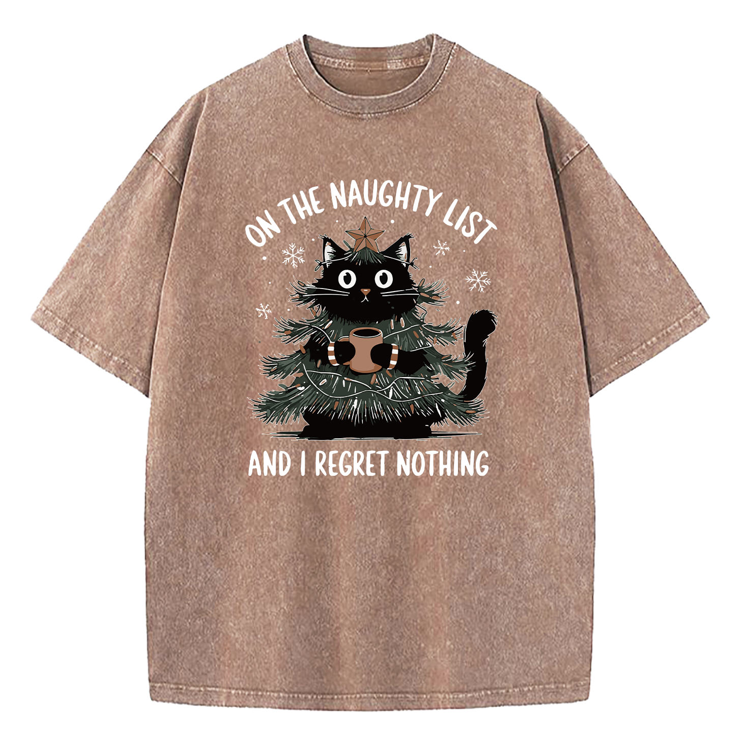 On The Naughty List And I Regret Nothing Christmas Tree Cat Washed T-Shirt