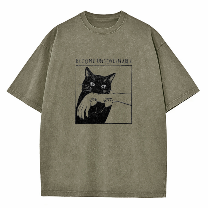 Black Cat Biting Hand Become Ungovernable Washed T-Shirt
