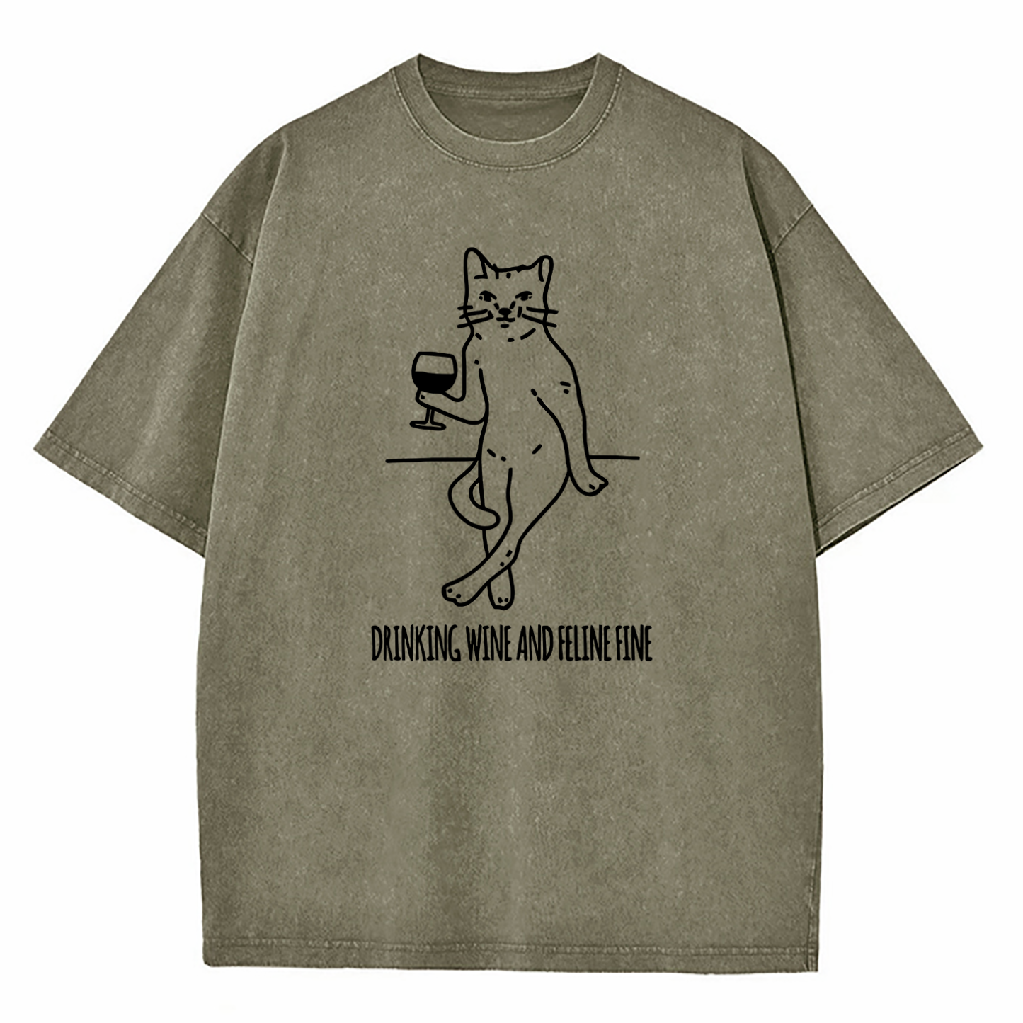 Drinking Wine And Feline Fine Washed T-Shirt