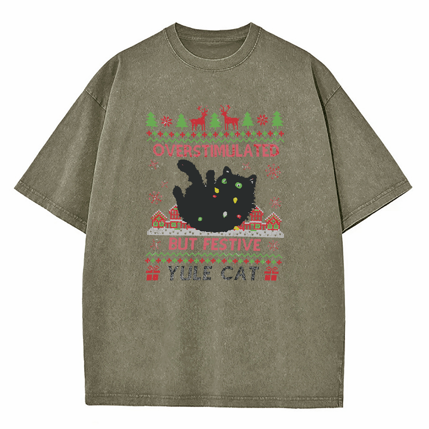 Overstimulated But Festive Yule Cat Christmas Washed T-Shirt