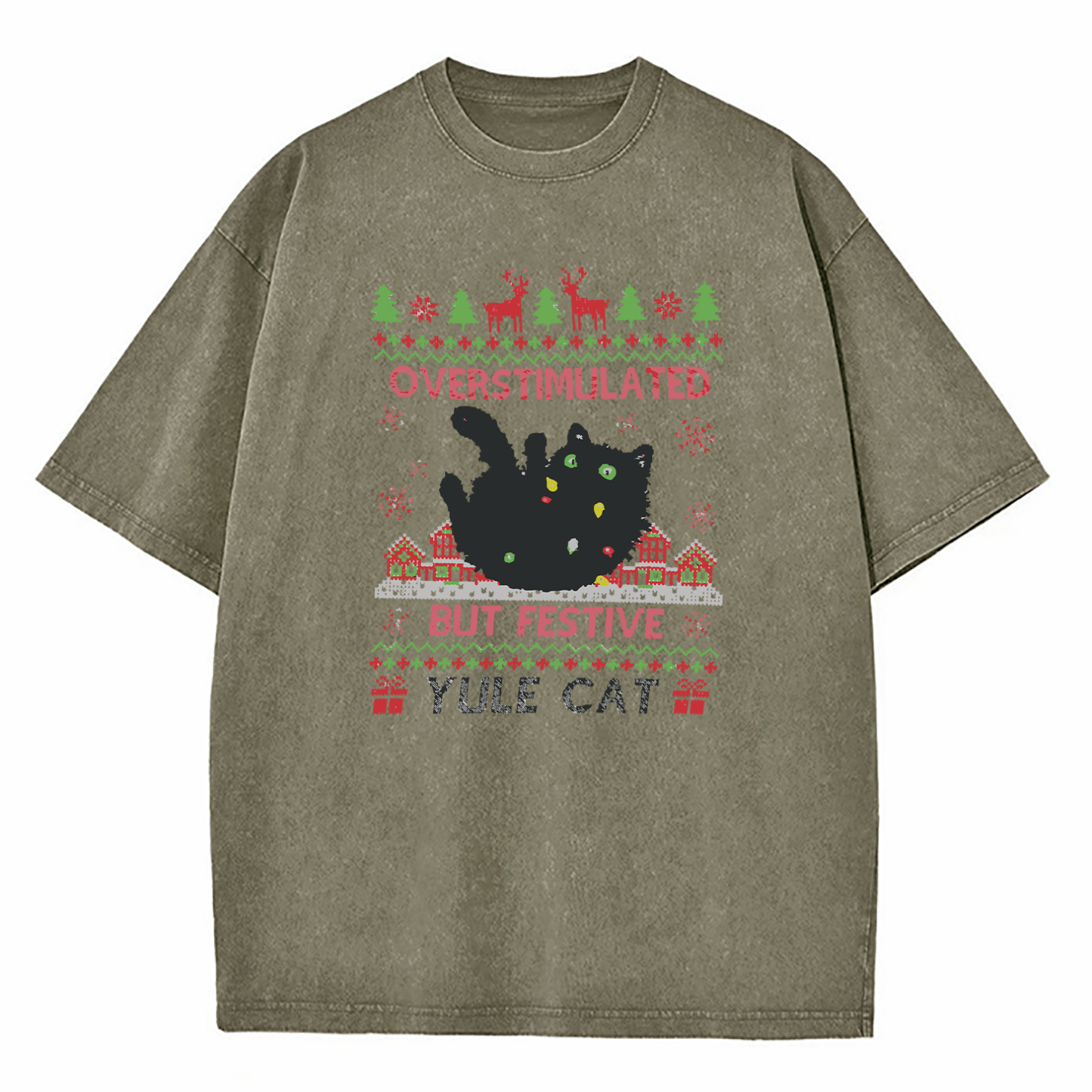 Overstimulated But Festive Yule Cat Christmas Washed T-Shirt