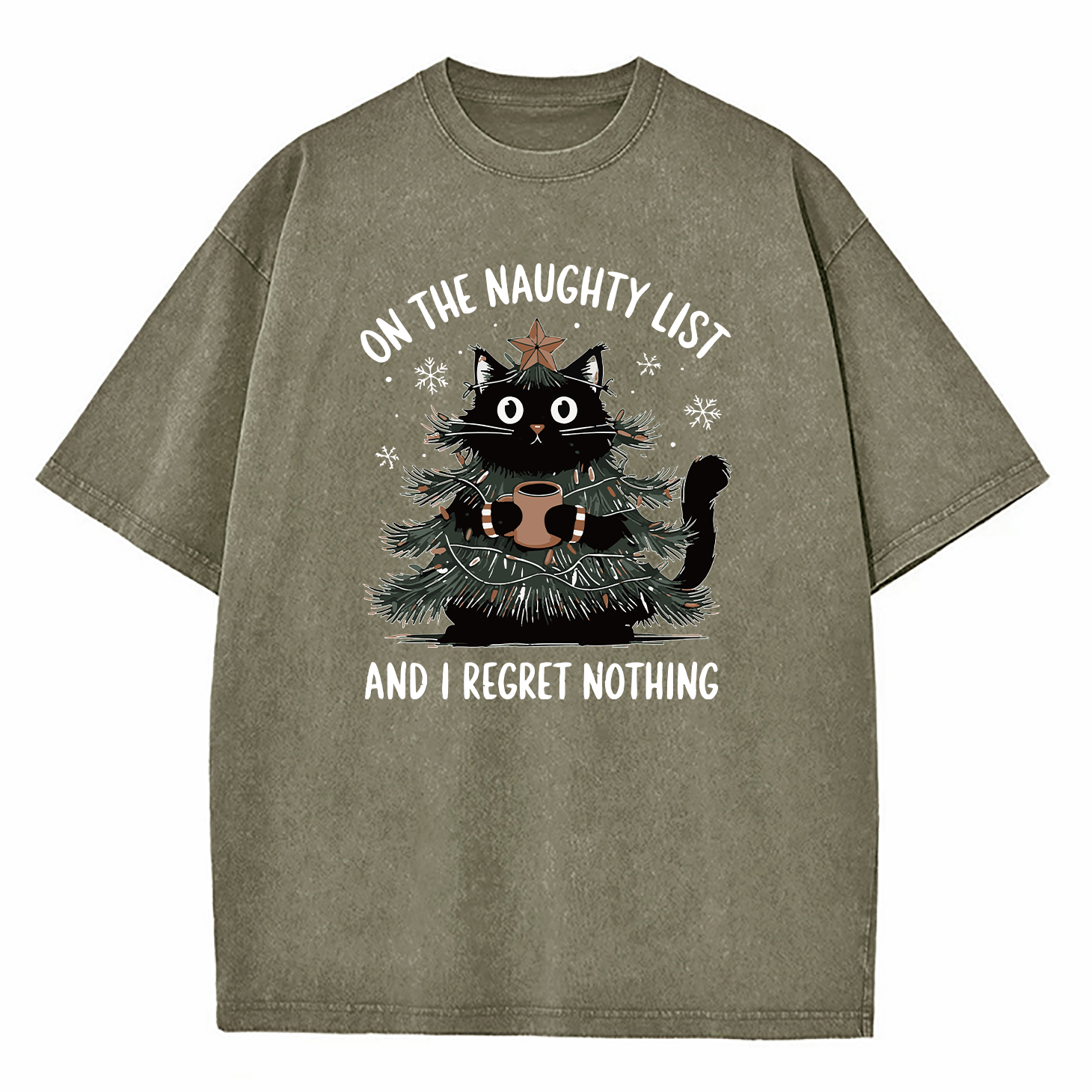 On The Naughty List And I Regret Nothing Christmas Tree Cat Washed T-Shirt