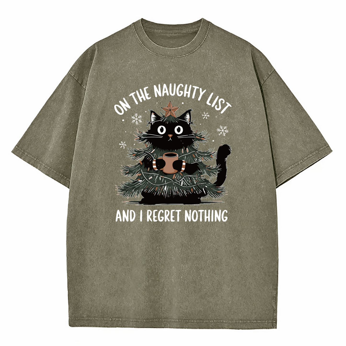 On The Naughty List And I Regret Nothing Christmas Tree Cat Washed T-Shirt