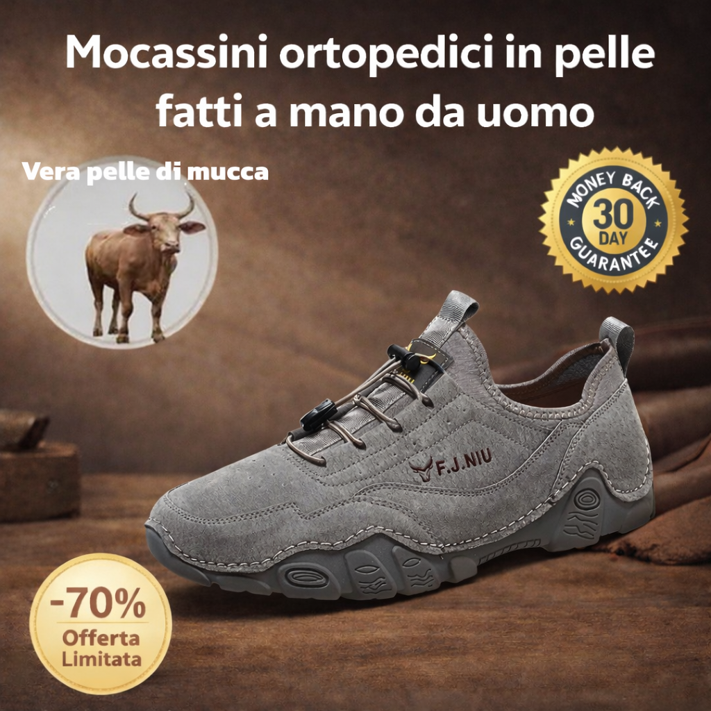 【🎁Offerta a tempo limitato】🐂 Scarpe ortopediche da uomo in pelle di vitello australiana👞 Cucite a mano, impermeabili e antiscivolo✅ Supporto dell'arco plantare: camminata confortevole✅