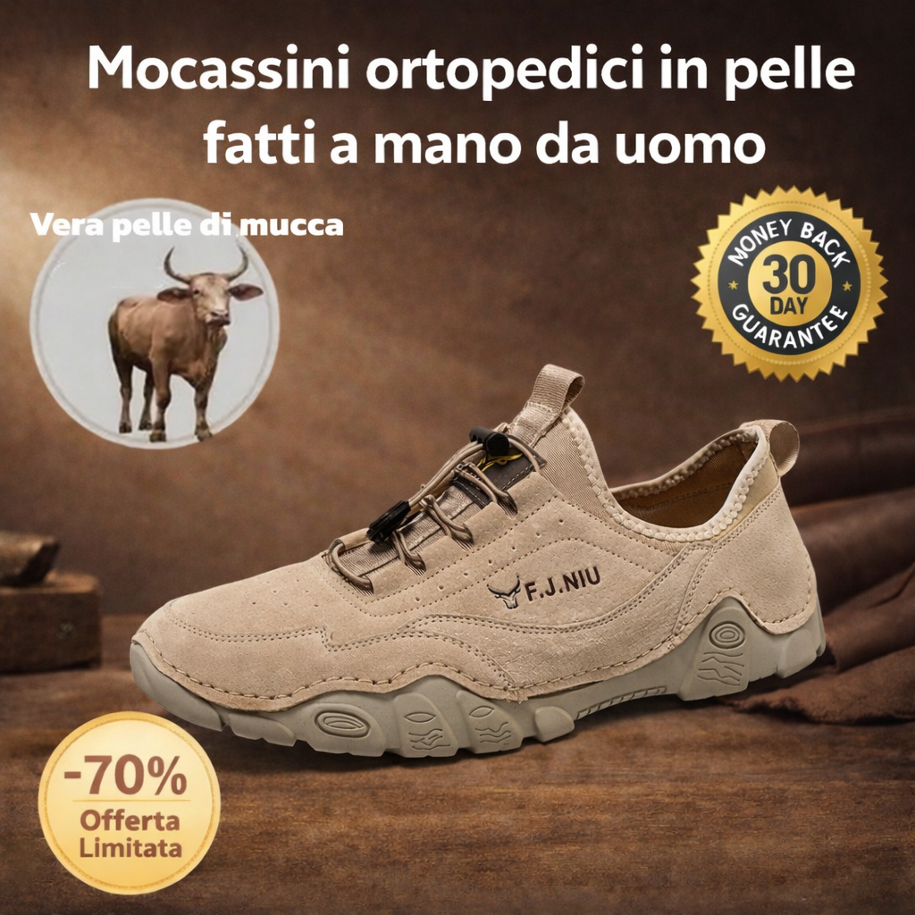 【🎁Offerta a tempo limitato】🐂 Scarpe ortopediche da uomo in pelle di vitello australiana👞 Cucite a mano, impermeabili e antiscivolo✅ Supporto dell'arco plantare: camminata confortevole✅